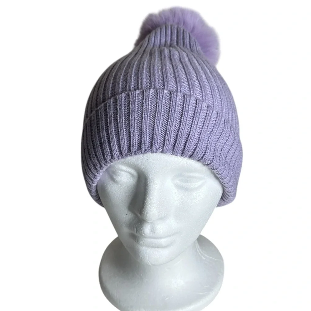 Nordstrom Ribbed Knit Fleece Lined Faux Fur Pom Pom Beanie NWT Purple Pastel